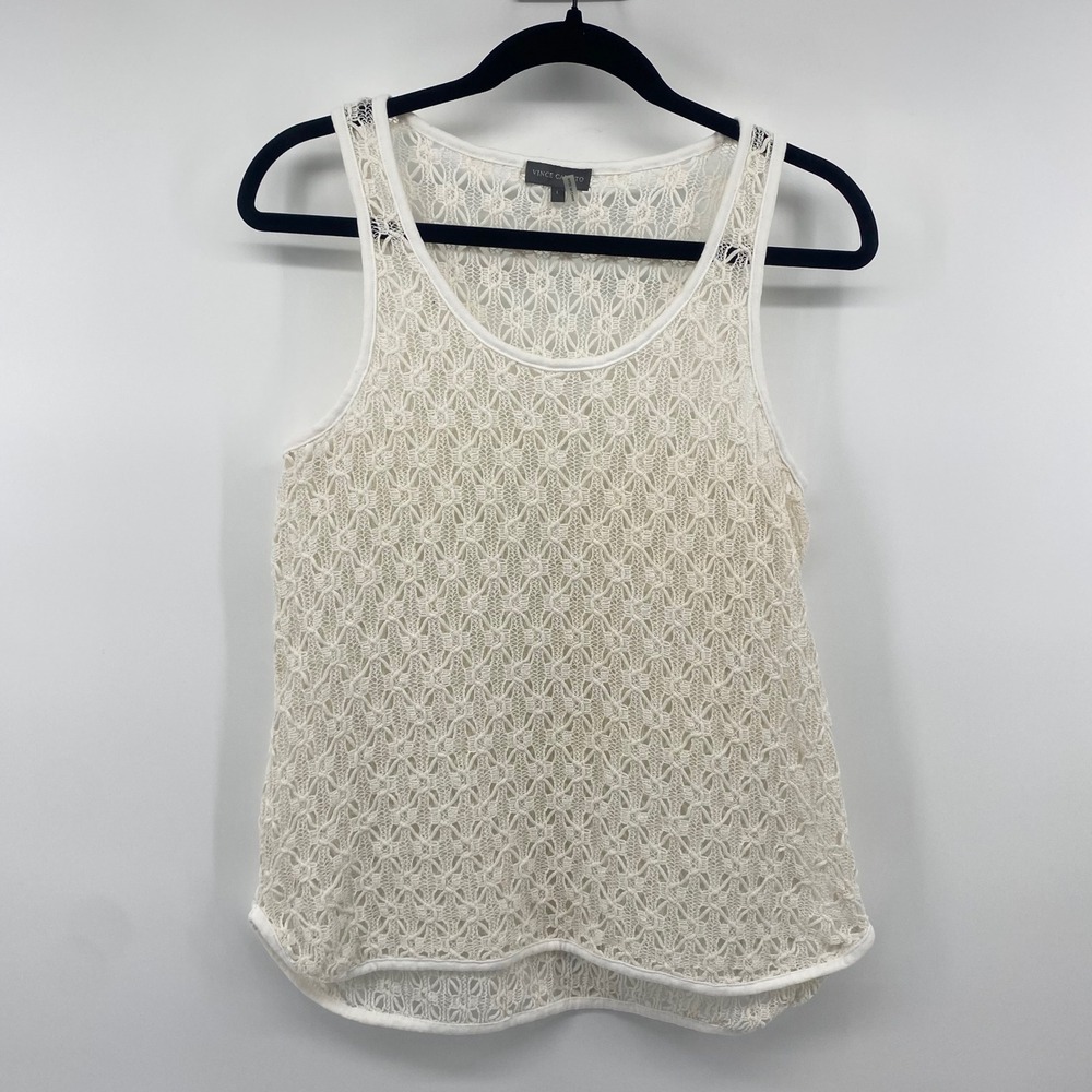Vince Camuto Lace Tank Top Womens L Cream Crochet Scoop Neck High Low Hem Boho